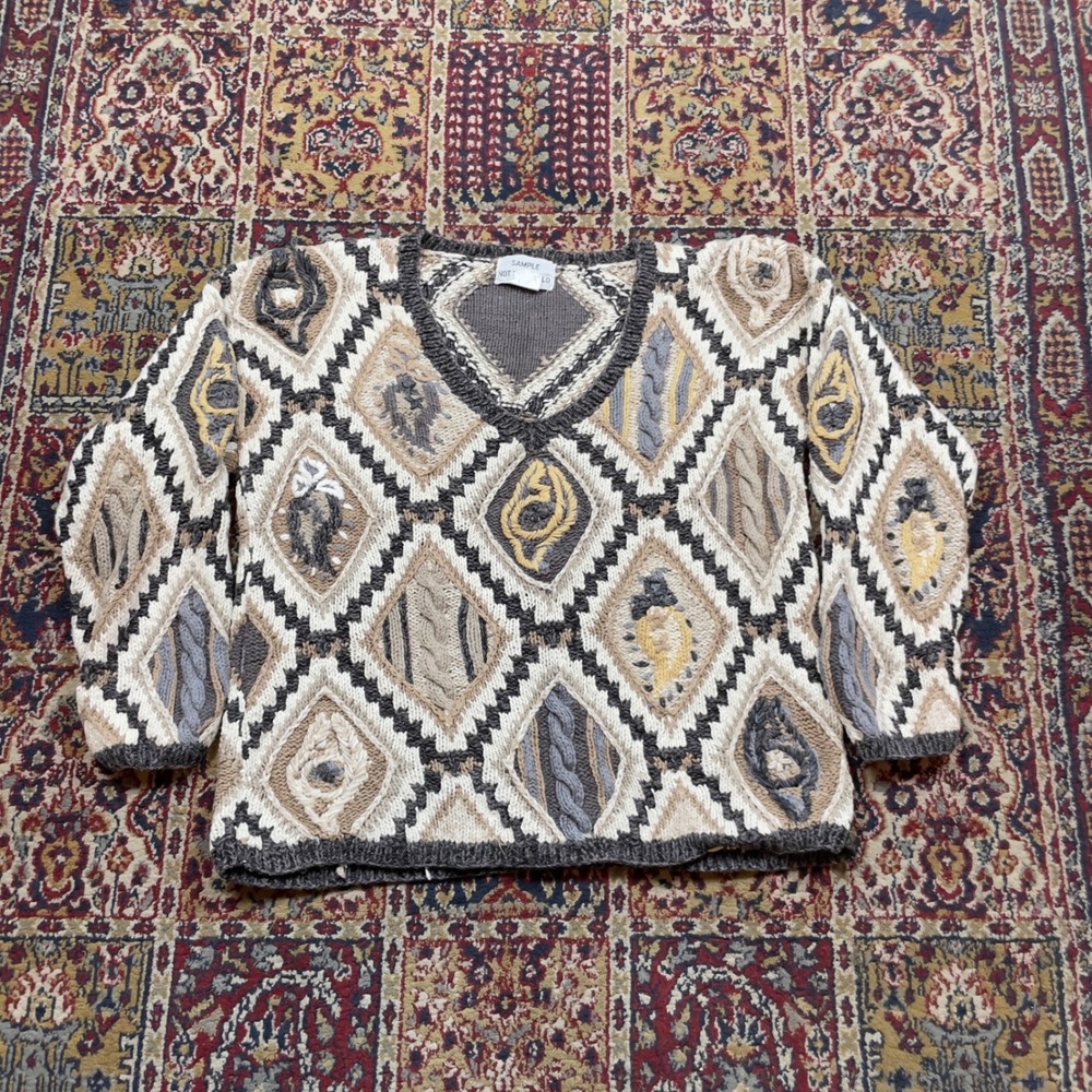VTG 80s Textured Coogi Style Eye Pattern Knit Sweater Earth Tones Ramie Cotton M
